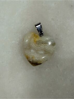 Hand Crafted Heart Lace Agate Pendant in Cream, Tan and Yellow Accents